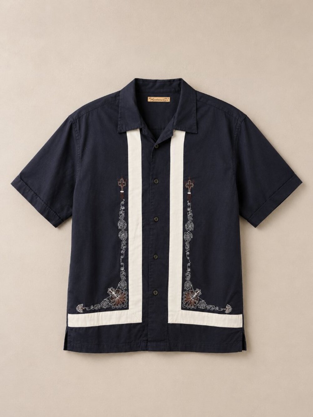 Havanera Co Black Short Sleeve Guayabera-Style Shirt with Embroidered Detail - L